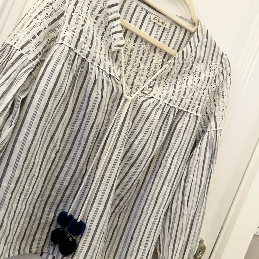LoveShackFancy Peasant Blouse Striped w/ Pompoms XS - Picture 4 of 11